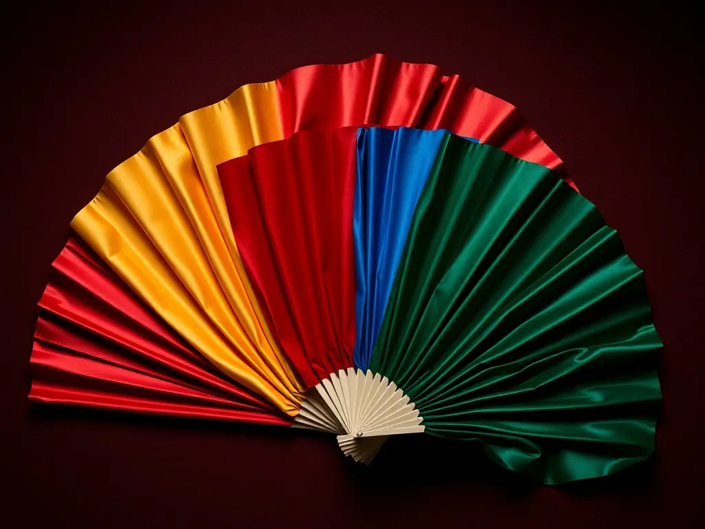 Éventails tissu soie colorés disposés en éventail sur fond sombre